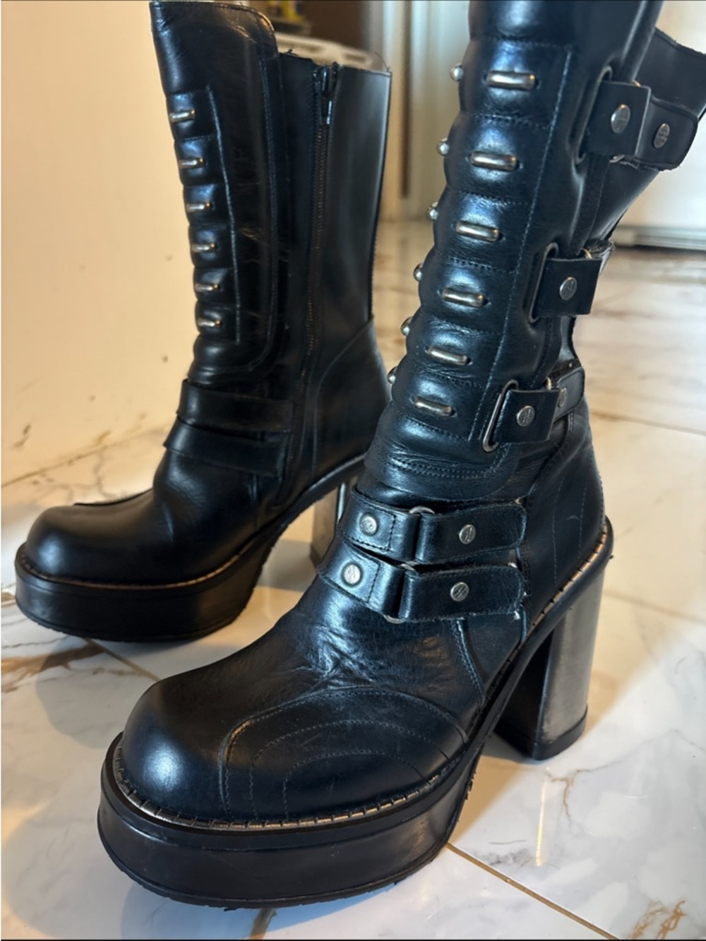 RARE - Y2K Vintage Black New Rock Platform Leather Boots Size 38 W  Or 5UK - Picture 9 of 15